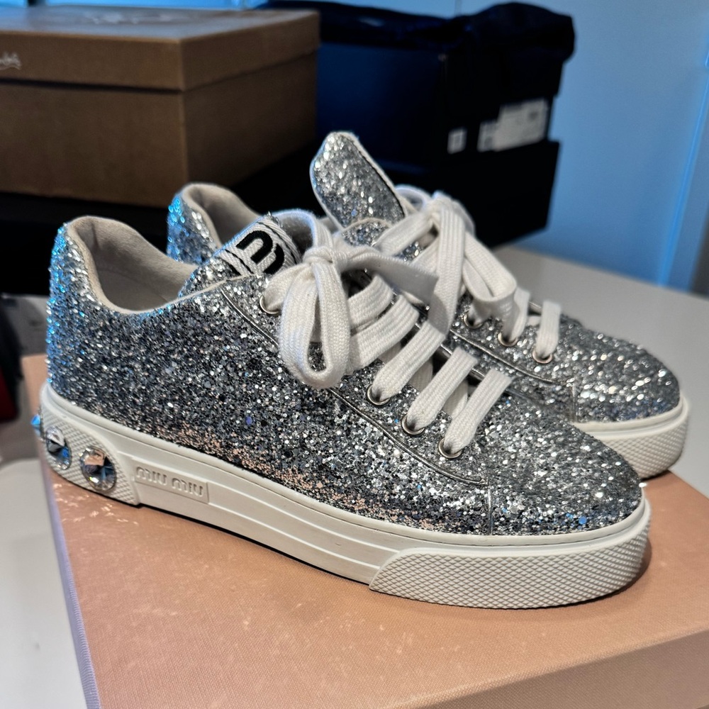 Miu Miu Silver Glitter Sneakers